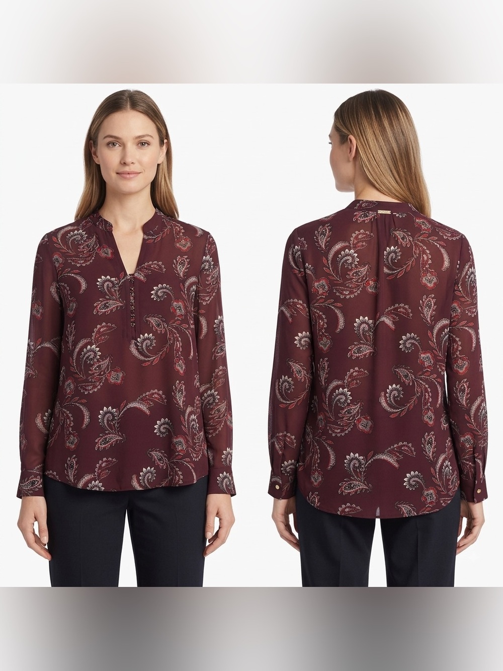 Ivanka Trump Burgundy Paisley Split V-Neck Long Sleeve Blouse